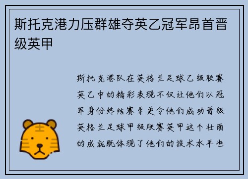 斯托克港力压群雄夺英乙冠军昂首晋级英甲